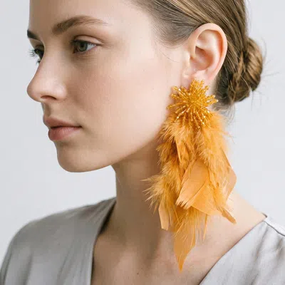 Fashnzfab Bold Beaded Starburst Feather Drop Statement Earrings In Orange