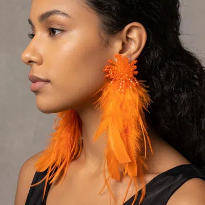 Fashnzfab Bold Beaded Starburst Feather Drop Statement Earrings In Orange