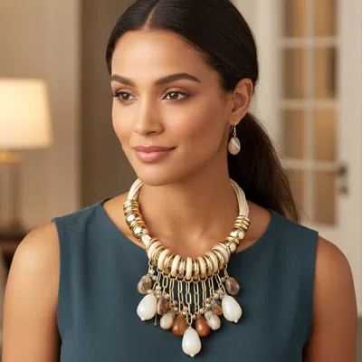 Fashnzfab Bold Beads Fringe Multi Layered Thread Statement Necklace