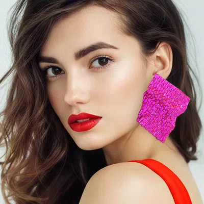 Fashnzfab Bold Bling Studded Abstract Plate Earrings In Pink
