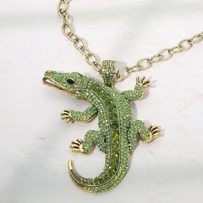 Fashnzfab Bold Bling Studded Alligator Pendant Chunky Chain Statement Necklace In Green