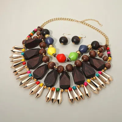 Fashnzfab Bold Boho Wood Beaded Fringe Statement Necklace In Red