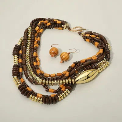 Fashnzfab Bold Boho Wooden Metal Beaded Multi Layered Statement Necklace In Brown