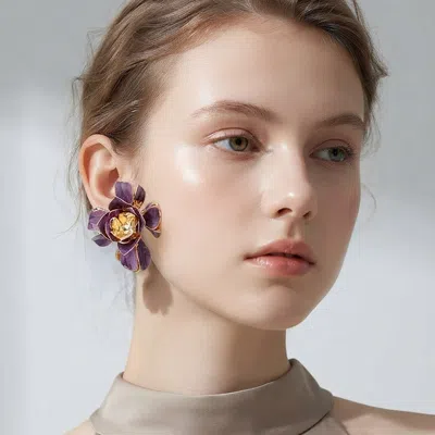 Fashnzfab Bold Botanical Sculptural Petal Floral Statement Earrings In Purple