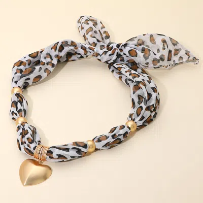 Fashnzfab Bold Brushed Heart Pendant Leopard Print Fabric Scarf Necklace - Gold, Leopard In Multi