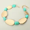 Fashnzfab Bold Brushed Metal Plate Marbled Pebble Beaded Statement Necklace In Blue