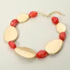 Fashnzfab Bold Brushed Metal Plate Marbled Pebble Beaded Statement Necklace In Red