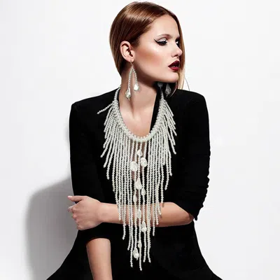 Fashnzfab Bold Cascading Pearl Beaded Fringe Statement Necklace In Black