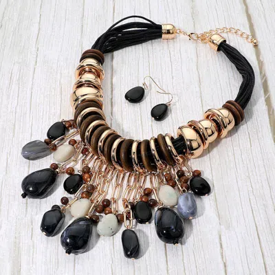 Fashnzfab Bold Cascading Resin Beads Embellished Statement Necklace - Black, Gold In Multi