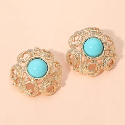 Fashnzfab Bold Center Stone Accent Ornate Stud Earrings In Blue
