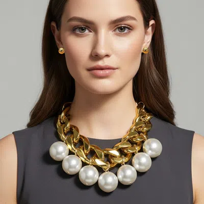 Fashnzfab Bold Chunky Pearl Drop Chain Necklace In Gold