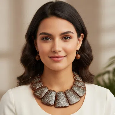 Fashnzfab Bold Confetti Resin Panel Link Statement Necklace - Brown