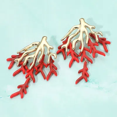 Fashnzfab Bold Coral Branch Layered Statement Earrings - Red