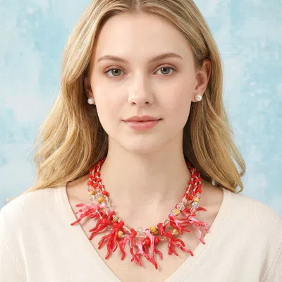 Fashnzfab Bold Coral Branch Natural Stone Faceted Beaded Cord Statement Necklace In Pink