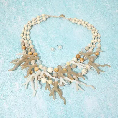 Fashnzfab Bold Coral Branch Natural Stone Faceted Beaded Cord Statement Necklace In Sand