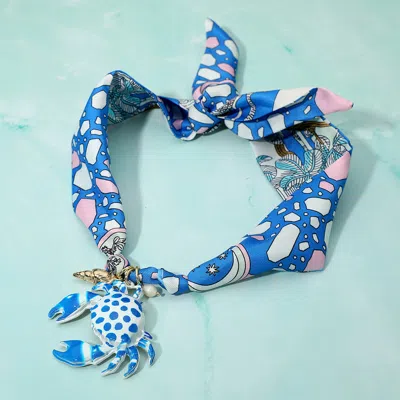 Fashnzfab Bold Crab Pendant Fabric Scarf Necklace In Blue