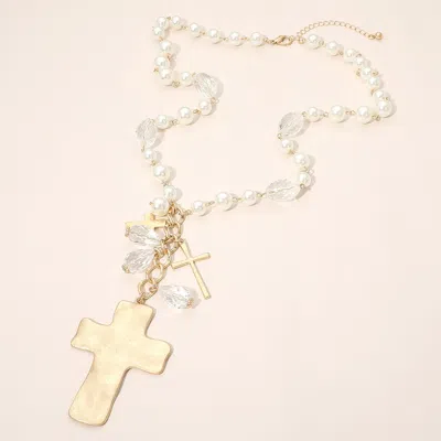 Fashnzfab Bold Cross Charm Accent Pearl Oval Faceted Link Chain Statement Necklace In Gold