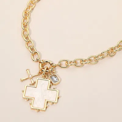 Fashnzfab Bold Cross Rectangular Stone Frame Charm Pendant Chunky Chain Necklace In Gold