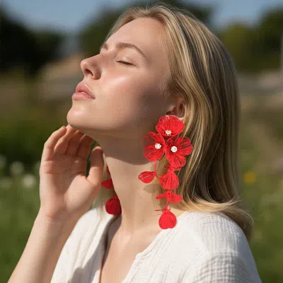 Fashnzfab Bold Cutout Floral Cascade Statement Drop Earrings In Red