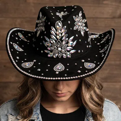 Fashnzfab Bold Decorative Floral Bling Rhinestone Embellished Western Cowboy Hat In Black
