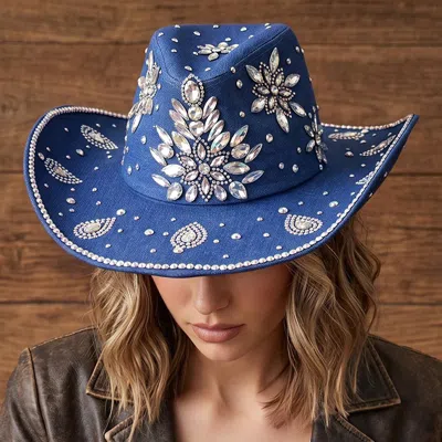 Fashnzfab Bold Decorative Floral Bling Rhinestone Embellished Western Cowboy Hat In Blue