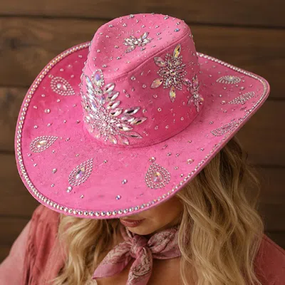Fashnzfab Bold Decorative Floral Bling Rhinestone Embellished Western Cowboy Hat In Pink