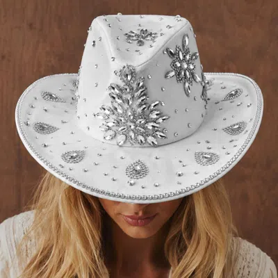 Fashnzfab Bold Decorative Floral Bling Rhinestone Embellished Western Cowboy Hat In White