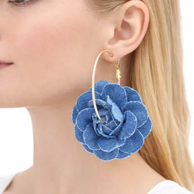 Fashnzfab Bold Denim Fabric Rose Flower Hoop Earrings In Blue