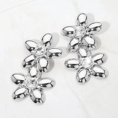 Fashnzfab Bold Double Floral Link Drop Statement Earrings In Metallic