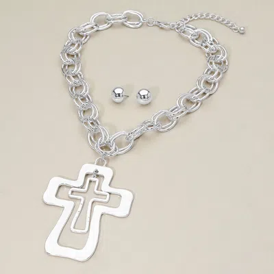 Fashnzfab Bold Double Layered Cross Pendant Accent Chunky Chain Statement Necklace - Rhodium In Multi
