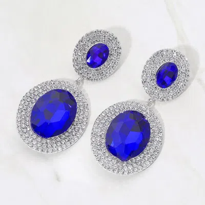 Fashnzfab Bold Double Oval Pave Halo Link Drop Evening Earrings In Blue