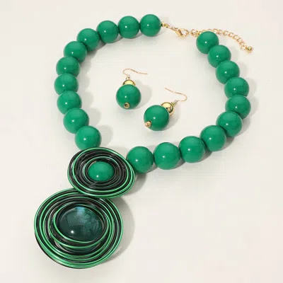 Fashnzfab Bold Double Wire Wrapped Round Stone Accent Chunky Beaded Statement Necklace In Green