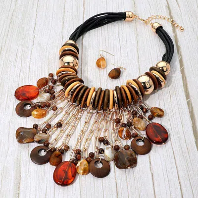 Fashnzfab Bold Earthy Artistic Resin Wooden Charms Layered Statement Necklace - Brown, Gold In Multi