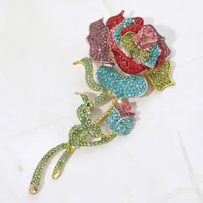 Fashnzfab Bold Elegant Rhinestone Rose Stem Pin Brooch In Multi
