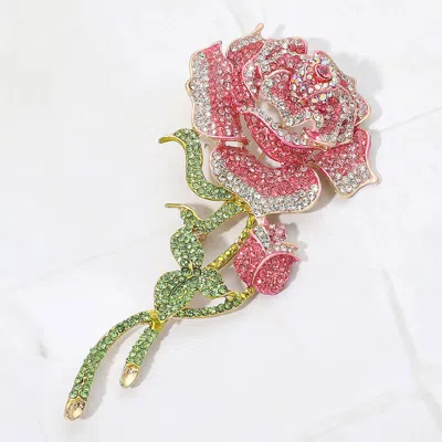Fashnzfab Bold Elegant Rhinestone Rose Stem Pin Brooch In Pink