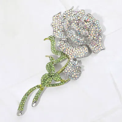 Fashnzfab Bold Elegant Rhinestone Rose Stem Pin Brooch In Silver