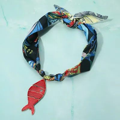 Fashnzfab Bold Enamel Fish Pendant Statement Scarf Necklace In Multi