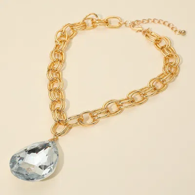 Fashnzfab Bold Faceted Teardrop Stone Pendant Accent Chunky Chain Statement Necklace In Gold