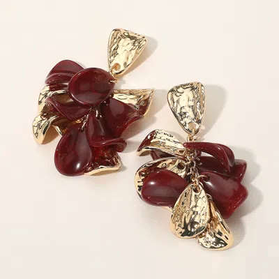 Fashnzfab Bold Floral Design Textured Petal Statement Drop Earrings In Red