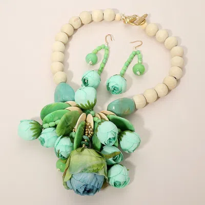 Fashnzfab Bold Floral Embellished Chunky Beaded Statement Necklace In Green