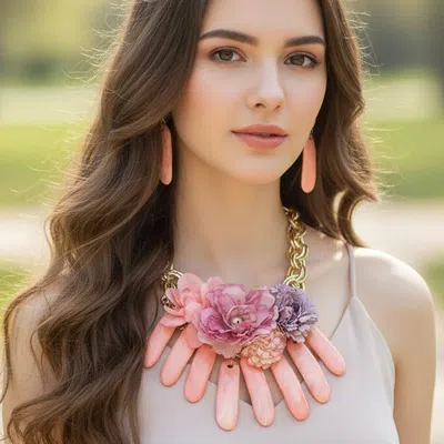 Fashnzfab Bold Floral Marbled Resin Charm Embellished Statement Necklace In Pink