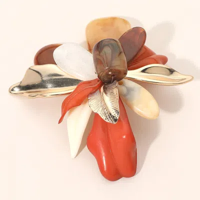 Fashnzfab Bold Floral Statemenet Pin Brooch In Orange