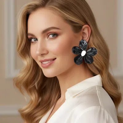 Fashnzfab Bold Flower Statement Earrings In Black