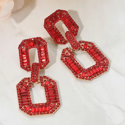 Fashnzfab Bold Geometric Baguette Stone Embellished Door Knocker Evening Earrings In Red