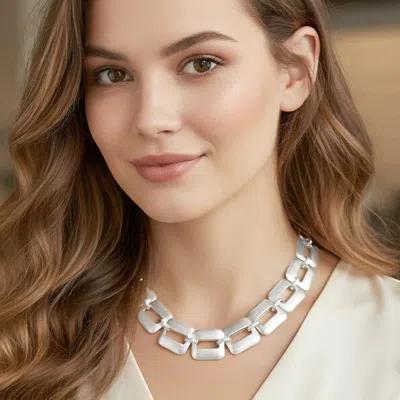Fashnzfab Bold Geometric Brushed Metal Square Link Statement Necklace In Metallic