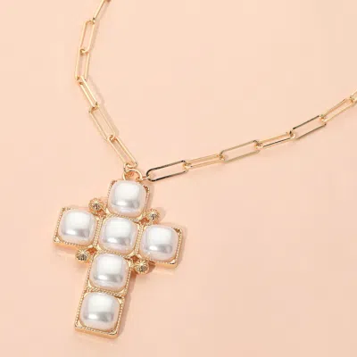 Fashnzfab Bold Geometric Pearl Cross Charm Paperclip Chain Necklace In Gold