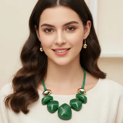 Fashnzfab Bold Geometric Pebble Beaded Multi Thread Strand Statement Necklace In Green