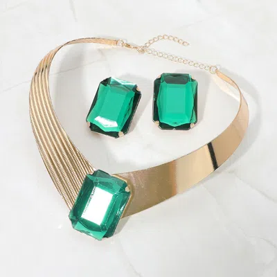 Fashnzfab Bold Geometric Rectangle Stone Accent Choker Necklace In Green