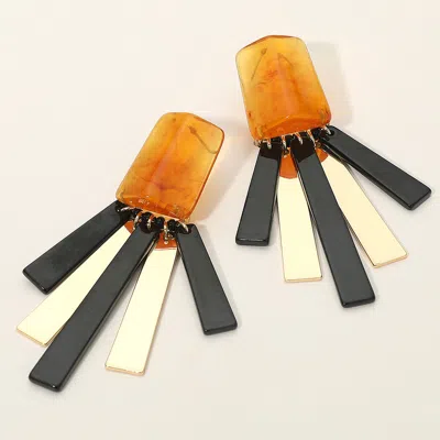 Fashnzfab Bold Geometric Resin Metal Bar Fringe Statement Earrings - Brown In Orange