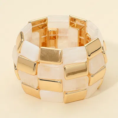 Fashnzfab Bold Geometric Resin Metal Beaded Wide Stretch Bracelet In Gold